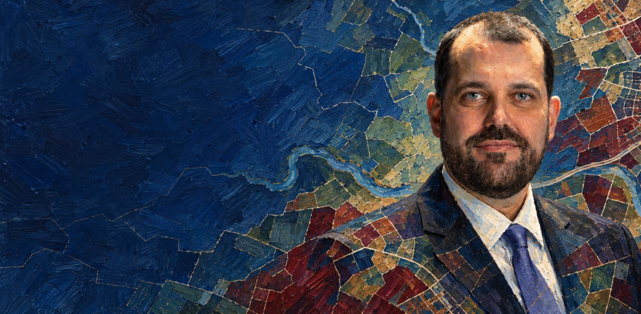Luiz Ugeda em composição artística sobre mapa territorial