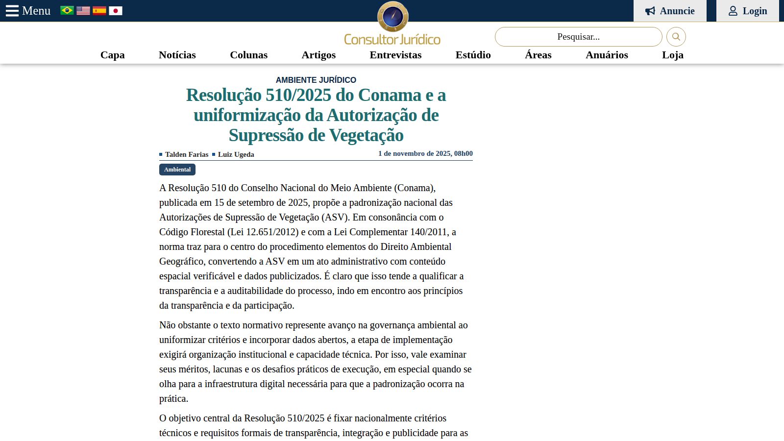 Resolução 510/2025 do Conama e a uniformização da Autorização de Supressão de Vegetação