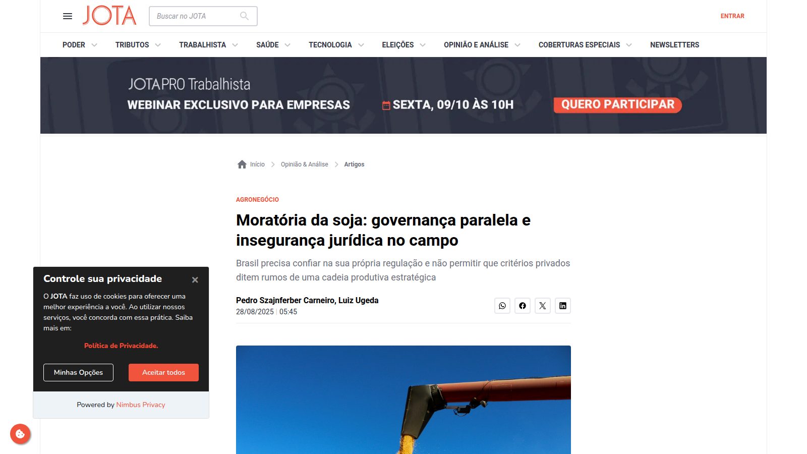Moratória da soja: governança paralela e insegurança jurídica no campo