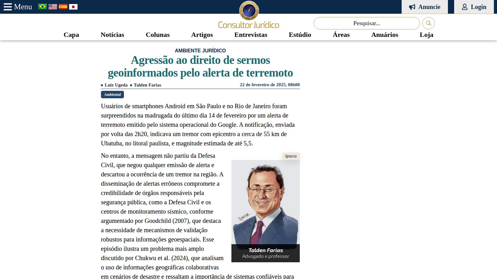 Agressão ao direito de sermos geoinformados pelo alerta de terremoto