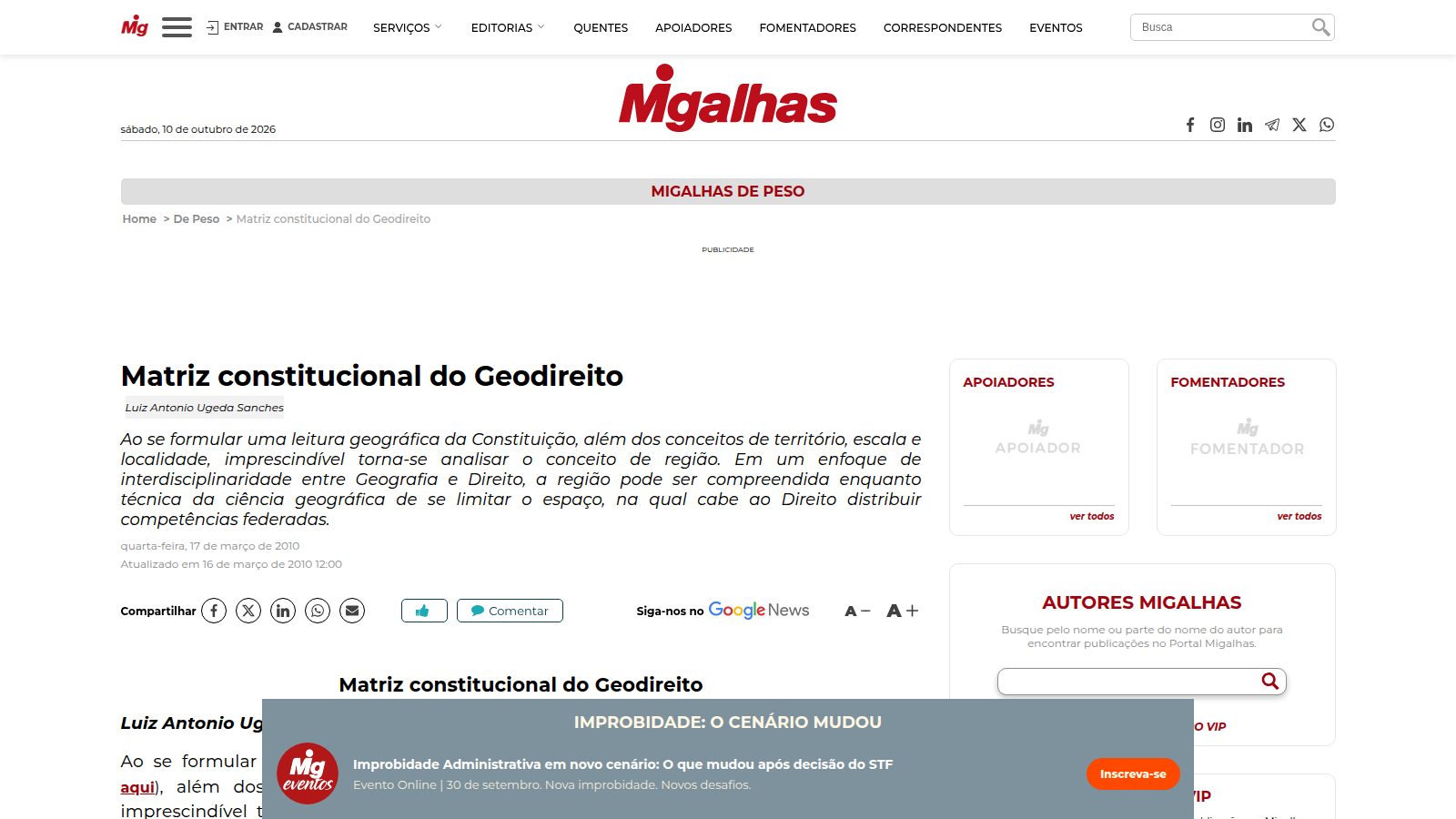 Boletim: chamada ao artigo “Matriz constitucional do Geodireito”, de Luiz Ugeda